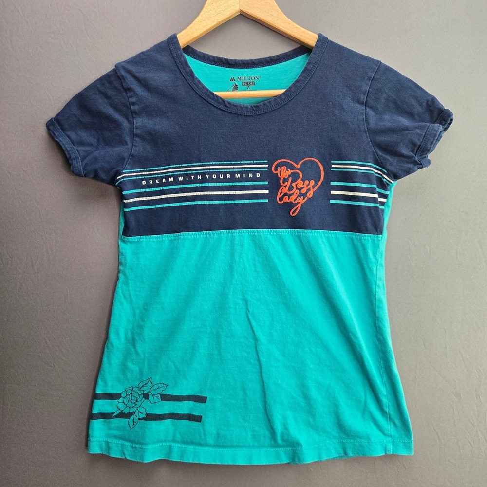 Milton Pyjama Top S Blue Teal Cotton Graphic Dream Boss Lady Pajama Shirt Short